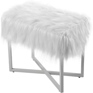 image:imageBIRDROCK HOME Rectangular Faux Fur Vanity Foot Stool Ottoman with Metal Legs  Small Soft Padded and Fluffy Makeup Seat or Foot Rest for Bedroom Desk or Dressing Table Gray and SilverWhiteGray