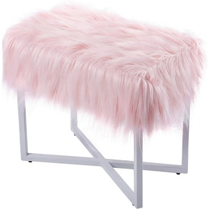 image:imageBIRDROCK HOME Rectangular Faux Fur Vanity Foot Stool Ottoman with Metal Legs  Small Soft Padded and Fluffy Makeup Seat or Foot Rest for Bedroom Desk or Dressing Table Gray and SilverPinkWhite