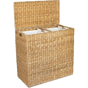 image:imageBIRDROCK HOME Oversized Dual Hampers with Lid  Handwoven Natural Seagrass Fiber Compartment Laundry Hamper wDual Removable Liners Bag  SplitTwo Side Basket for Dirty Laundry Clothes  Brown WashHoney