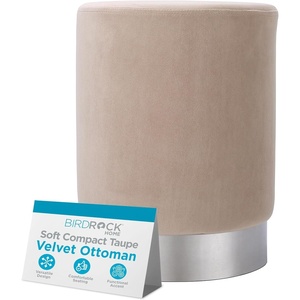 image:imageBIRDROCK HOME Round Ottoman Foot Stool  Modern Soft Padded Velvet Vanity Chair with Silver Metal Trim  Accent Chair or Foot Rest for Living Room Bedroom or Dressing Room YellowTaupe
