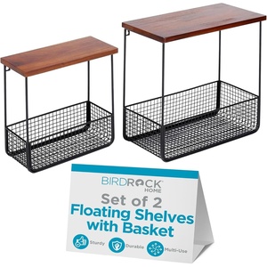 image:imageBIRDROCK HOME 2pc Floating Shelves with Basket  Wood Metal Wall Storage Shelf  Decorative Hanging Baskets for Bathroom Bedroom Living Room  Rustic Farmhouse  Small amp Large  BlackBrown