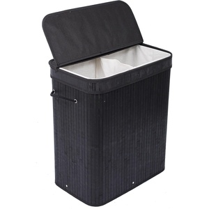 image:imageBIRDROCK HOME Double Laundry Hamper with Lid and Cloth Liner  Bamboo  Black  Easily Transport Laundry Basket  2 Section Collapsible Hamper  String Handles