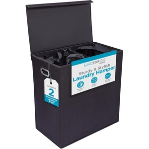image:imageBIRDROCK HOME Single Laundry Hamper with Lid and Removable Liner  Linen  Easily Transport Laundry  Foldable Hamper  Cut Out HandlesBlack