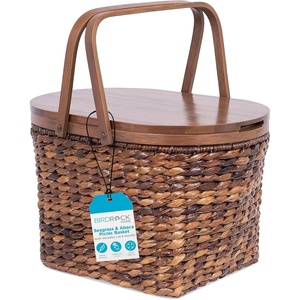 image:imageBirdRock Home Seagrass and Abaca Picnic Basket with Wood Lid  Hand Woven  Espresso  Decorative Latch  Wooden Top  Home Dcor  Folding Handles