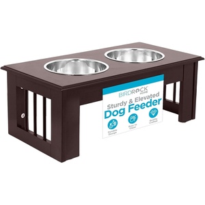 image:imageINTERNETS BEST Traditional Elevated Pet Feeder  Raised Dog Food and Water Stand with Stainless Steel Bowls  Adjustable for Small to Medium Breeds  Pet Feeding Station  Espresso  SmallEspresso