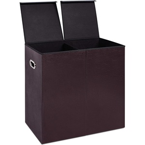 image:imageInternets Best Double Faux Leather Laundry Hamper with Lid  Double Load  Foldable Hamper Basket  Removable Lid  Brown